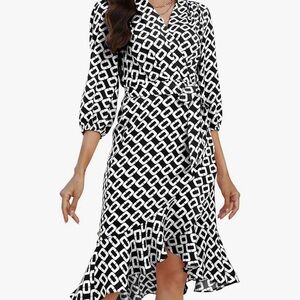 3/4 Sleeve V Neck Tie Belt Dress